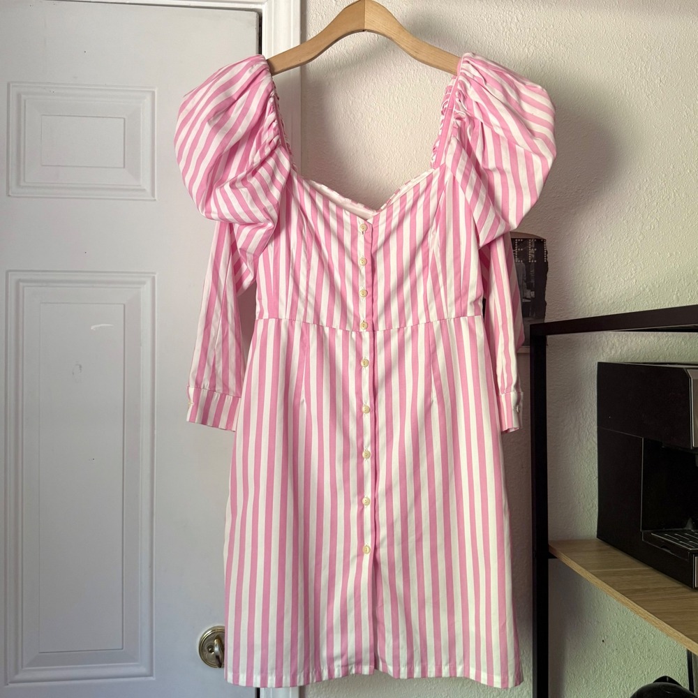 NWT MR. LARKIN pink white striped cotton puff long sleeve button up mini dress